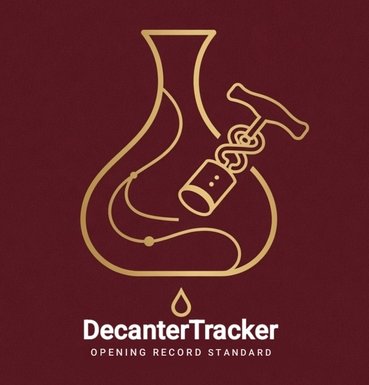 DecanterTracker — a decanter drawn in a single continuous line, a custody thread tracing through it to the moment of the pour